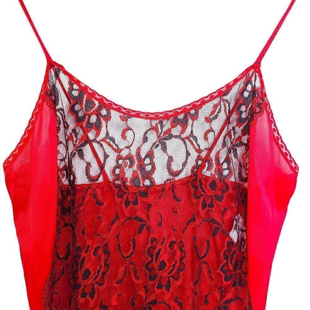 Vintage 1960 BOLD Red & Black Lace Floral Liquid Satin Nylon Maxi long Lingerie - Picture 3 of 10